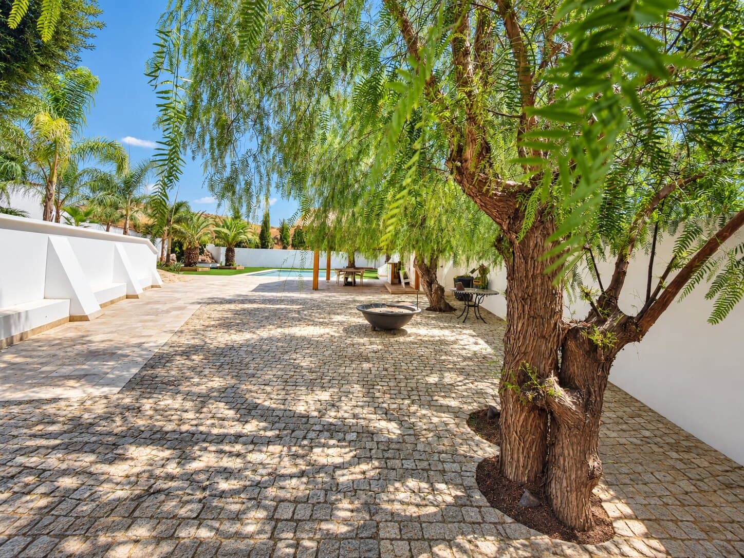 Patio del cortijo bajo un gran árbol, con la piscina al fondo